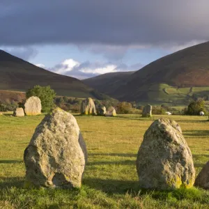 Castlerigg Stone Circle with Blencathra mountain behind, Lake District, Cumbria, England