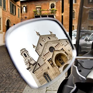 Cathedral reflected in a scooter mirror, Verona, Veneto, Italy