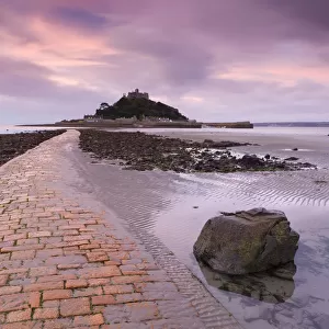 Causeway at low tide, leading to St Michaels Mount, Cornwall, England. Autumn