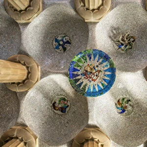 Ceiling mosaic in the Hypostyle Room, Park Guell, Barcelona, Catalonia, Spain