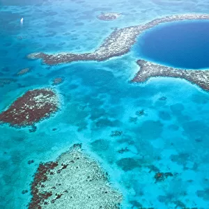 Central America, Belize, Lighthouse atoll, the Great Blue Hole, aerial shot of a dive