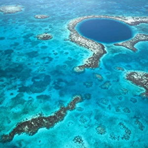 Central America, Belize, Lighthouse atoll, the Great Blue Hole, aerial shot of a dive