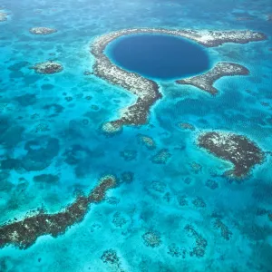 Central America, Belize, Lighthouse atoll, the Great Blue Hole, aerial shot of a dive