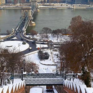 Chain Bridge, St. Stephens Basilica and River Danube, Budapest, Hungary