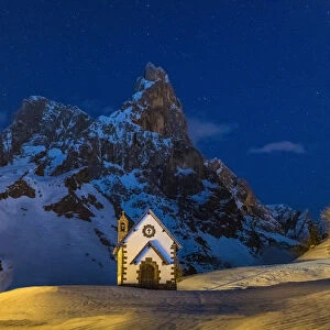 Chapel & Pala Group at Night in Winter, Dolomites, Trentino, Italy