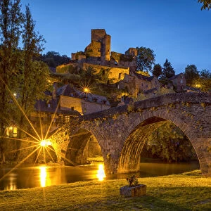 Chateau Belcastel & 15th Century Bridge over Aveyron River at Night, Belcastel