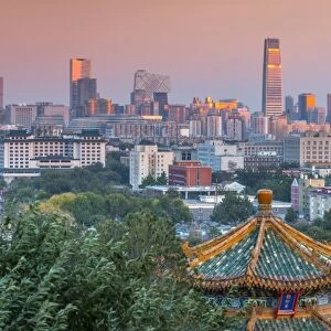 China, Beijing, Jingshan Park, Pavillion and Modern Chaoyang District skyline beyond