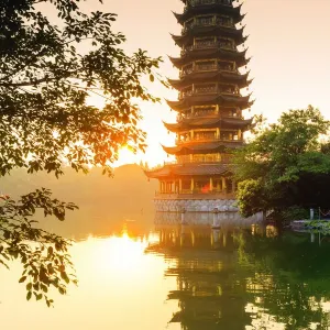 China, Guangxi province, Guilin, Banyan Lake Pagodas China, Guangxi province, Guilin, Banyan Lake Pagodas