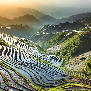 China, Guangxi Province, Longsheng, Long Ji rice terrace filled with water in the