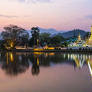 Chong Kham lake and Wat Chong Kham temple in the background at sunrise, Mae Hong Son