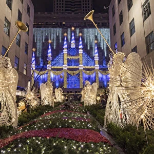 Christmas Angels and sparkling snowflakes at Rockefeller Center Channel Gardens with