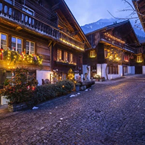 Christmas decorations in the Brunngasse street. Brienz, Canton of Bern, Switzerland