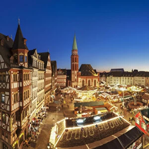Christmas Market on Romerberg, Nikolaikirche Church, Frankfurt, Hesse, Germany