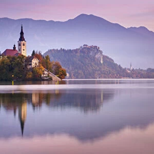 Church of the Assumption and Lake Bled at sunrise, Bled, Slovenia