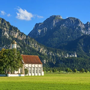 Church St. Coloman with Neuschwanstein castle and Saauling mountain, Schwangau, Bavaria