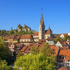 City church of Baden with Stein castle, Aargau, Switzerland