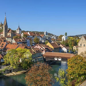 City church of Baden with Stein castle and wooden bridge over the river Limmat, Aargau