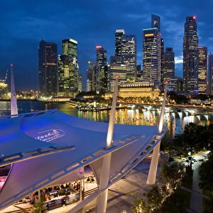 City view at dusk from the roof top promenade of Esplanade Theatres on the Bay, Singapore