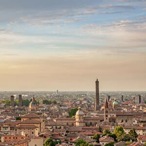 Cityscape with San Domenico Basilica and Asinelli Tower at sunset, elevated view, Bologna