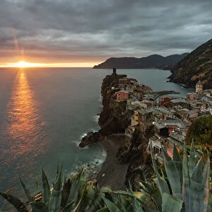 classic view of Vernazza at sunset, national park of Cinque Terre, municipality of