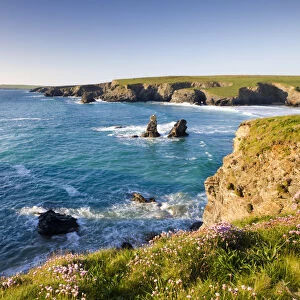 Clifftop view of Porthcothan Bay and Trevose Head, Cornwall, England. Spring