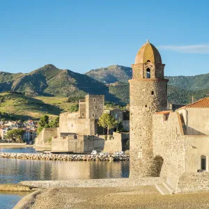 Clocktower of Notre-Dame-des-Anges church and the ChAteau Royal de Collioure, Collioure