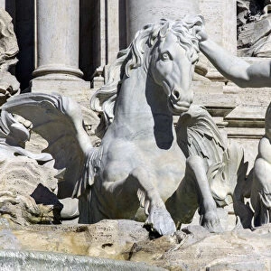 Close up view of the marble sculptures adorning the Trevi fountain, Rome, Lazio, Italy