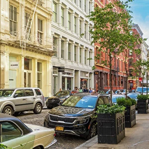 Cobbled street with luxury shops in SoHo neighborhood, Manhattan, New York, USA