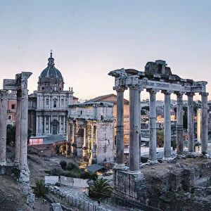 Coliseum, temples and old ruins seen from the Roman Forum, Rome, Lazio, Italy