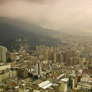 Colombia, Bogota, View of Central Bogota at dusk