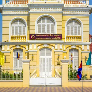 Colonial building along the riverfront in Battambang, Cambodia