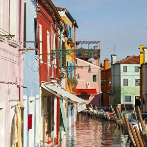 Colored Houses on the Waterfront on the Island of Burano during High Water (Acqua alta)