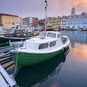 Colourful boats and buildings in Taorshavn harbour, Faroe Islands, Denmark, Europe