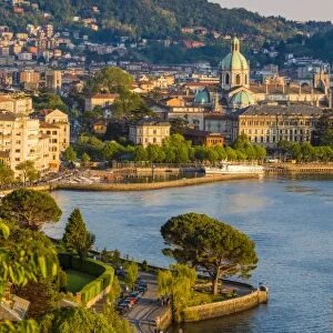 Como, Lombardy, Italy. High angle view cityscape of Como and the lake front, with