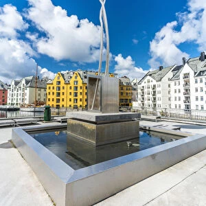 Contemporary art metal sculture and fountain in the city centre of Alesund