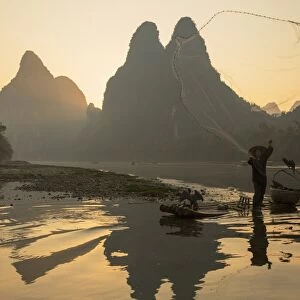 Cormorant fisherman throwing net on Li River at dawn, Xingping, Yangshuo, Guangxi, China