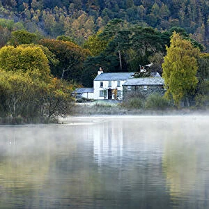 Cottage in Mist on Derwent Water, Lake District National Park, Cumbria, England