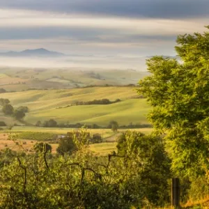 Countryside view with farmhouse & hills, Tuscany (Toscana), Italy