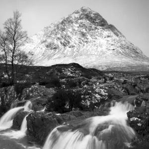 Coupall Falls and Buachaille Etive Mor in winter, Glencoe, Scotland, UK