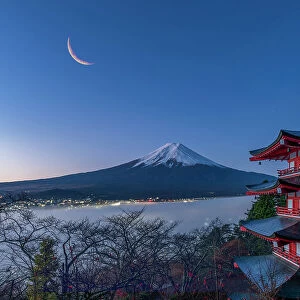 Crescent Moon over Mt. Fuji & Chureito Pagoda, Fujiyoshida, Yamanashi Prefecture, Japan
