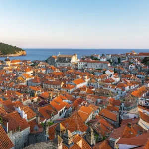 Croatia, Dalmatia, Dubrovnik, Old town, View of the rooftops and island of Lokrum