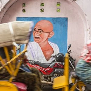 Cycle rickshaw & Gandhi mural, Chennai, (Madras), India