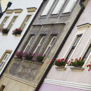 Czech Republic, Moravia, Olomouc, Facades Of Colourful Buildings