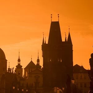 Czech Republic, Prague; Across Charles Bridge, Stare Mesto Bridge Tower, Church of St