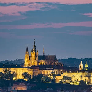 Czech Republic, Prague, Vinohrady. View of Stare Mesto, Prague old town, and Prague