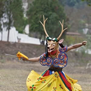 A dancer performs Shazam Tam, the Dance of the Four Stags outside Punakha Dzong. The dance commemorates the subjugation of the troublesome Wind God by Guru Rinpoche who rode the Gods stag to celebrate victory
