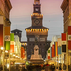 Via Dante pedestrian street and Castello Sforzesco behind, Milan, Lombardy, Italy