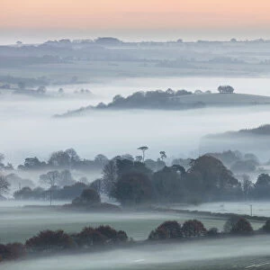 Dawn mist around Windmill Hill near Alvediston, Cranborne Chase, Wiltshire, England, UK