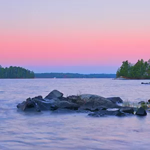 Dawn on shore of Lake of The Woods Sioux Narrows Provincial Park, Ontario, Canada