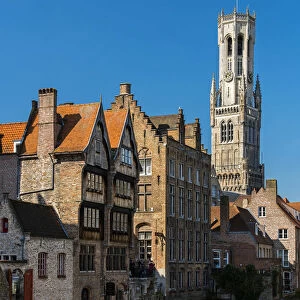 Dijver canal with Belfort medieval tower in the background, Bruges, West Flanders